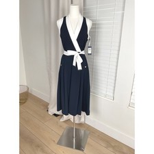 Tommy Hilfiger Navy White Colorblock Midi Dress Tie Waist Gold Buttons Size 4