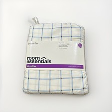 Room Essentials Twin XL Microfiber Sheet Set - Blue Grid - Size Twin XL- NEW