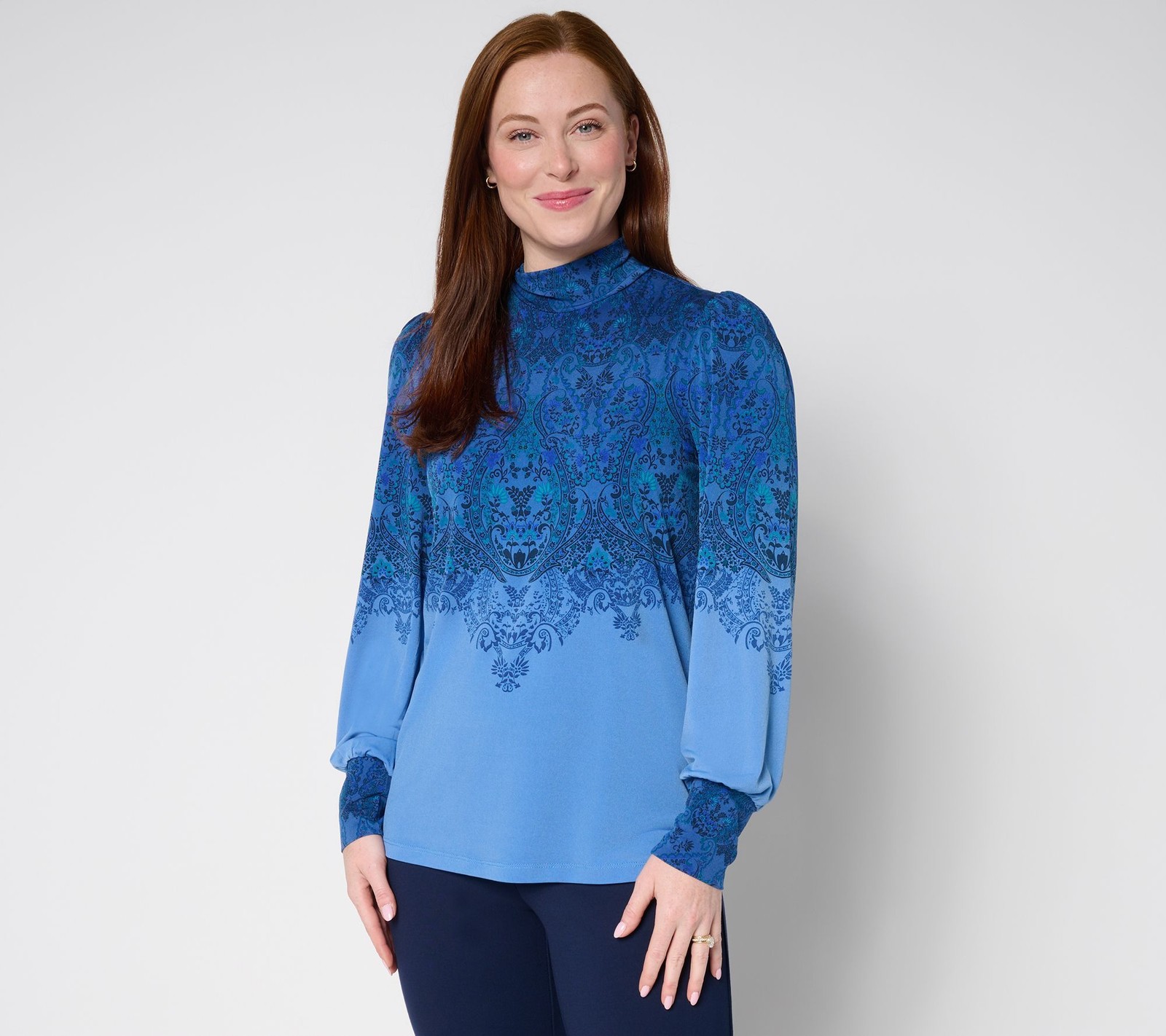 Susan Graver Women's Top Sz L Printed Liquid Knit Mock Neck Blouson Blue A700422