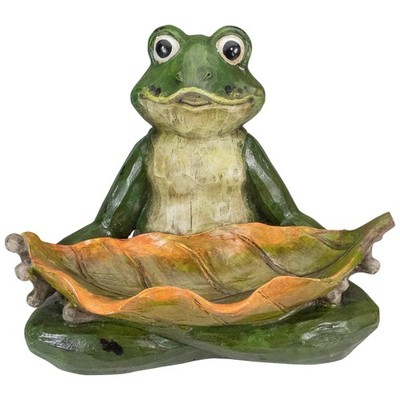Northlight 13'' Green Frog with Leaf Birdfeeder Outdoor Garden Statue
