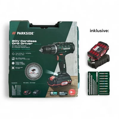 Taladro inalámbrico PARKSIDE PABS 20-Li G8 20V + batería y cargador, juego de brocas, estuche