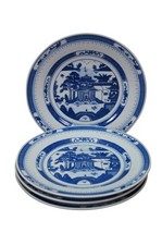 4 Chinese Canton Chinoiserie Blue & White Porcelain Pagoda Plates 10"