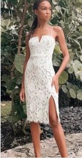 Womens S Lulus Amazing Allure Ivory Crochet Lace Flesh Lined Fitted Midi Dress