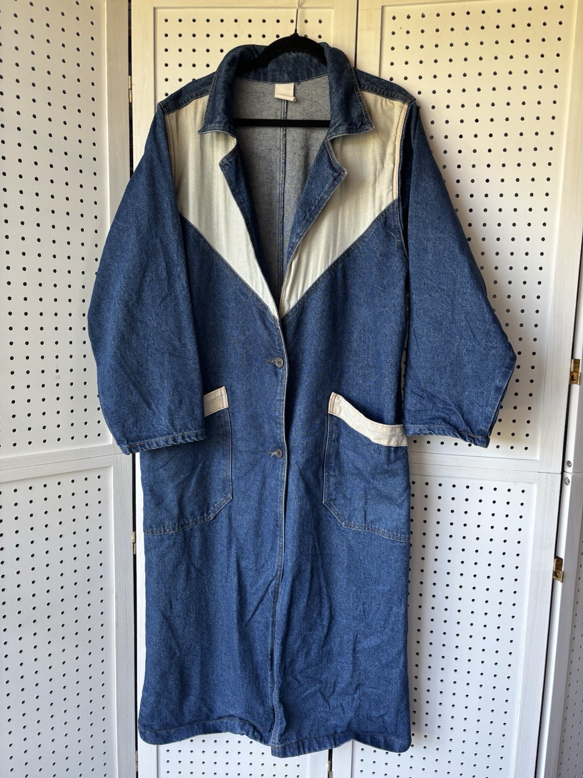 VTG Bacca Sportswear Denim Trench Long Jacket Beige Trim Button Size Large