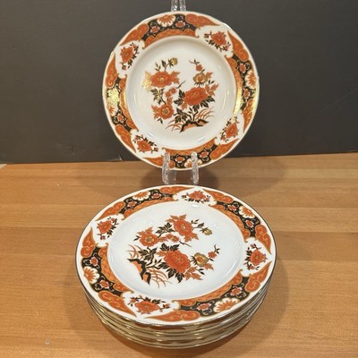 Vtg Japan Imari Style Dessert Plates Set Of 6 Orange Black Gold Peony Floral 7.5