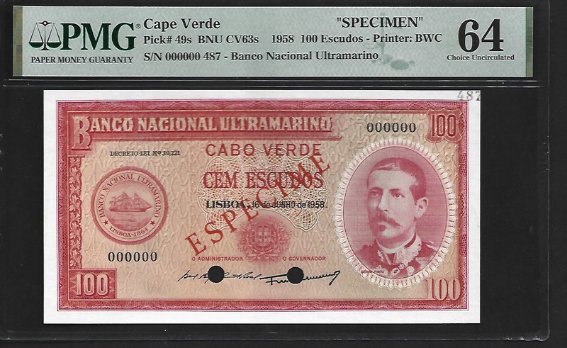 Cape Verde Specimen 500 Escudos 1958 PMG 64 UNC P#49s Banco Nacional Ultramarino