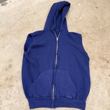 Vintage 80s Sleeveless Zip Up Hoodie Mens S/M Blue Grunge Vm