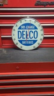 1950s DELCO 12" DRY CHARGE BATTERIES ADVERTISING WALL THERMOMETER 12"