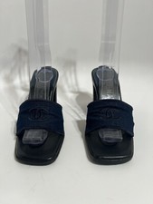 Vtg Chanel Blue CC Logo Denim Sandal Heels 36