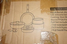 JEETEE Pot and Pan Set Removable Handles Non Stick Marble Cookware White/Beige