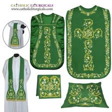 GREEN Roman Chasuble Fiddleback Vestment & 5 piece mass set IHS embroidery, FELT