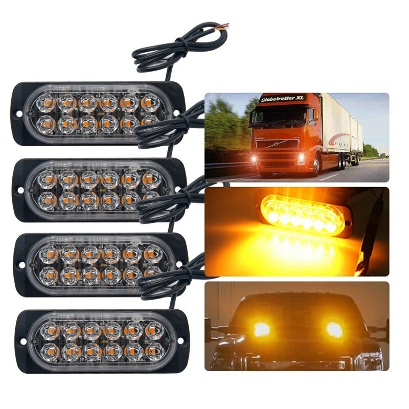 4x Amber 12 LED Emergency Strobe Light Bars - For Trucks, Cars, SUVs, ATVs & More - 12V-24V Bright Hazard Warning Beacon 5 thumbnail image