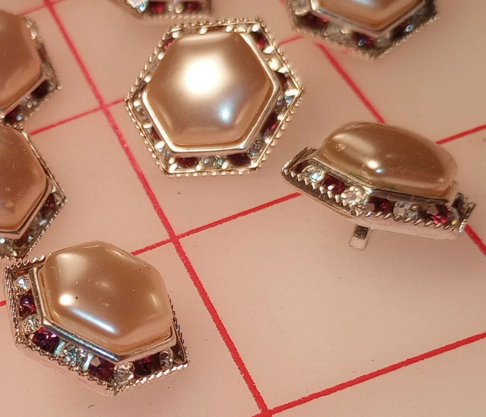 5 Fine Vintage Czech Shank Button Hexagon Pearl Tiny Rhinestones Clear Plum 3/4" - Image 2 of 4