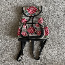 Embroidered Floral Small Backpack Drawstring Flap Over Fabric Ethnic Heritage