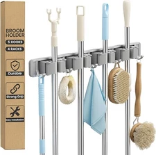 Broom Holder Wall Mount - 4 Racks 5 Hooks Mop Hanger, Metal Tool Organizer