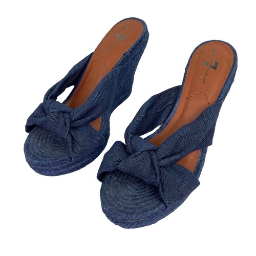 7 For All Mankind Blue Denim Espadrille Wedges Sandals Open Toe Sz Womens 7.5 M - Picture 1 of 9