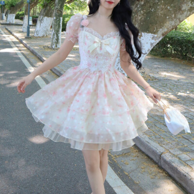 Sweet Girls Floral Chiffon A-Line Dress Bow Summer Japanese Cute Princess  Dress