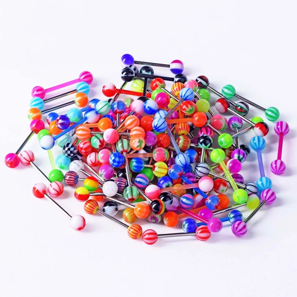100PCS Assorted Colors Tongue Rings Nipple Ring 14G Stainless Steel Bar Barbells - Image 3 of 4