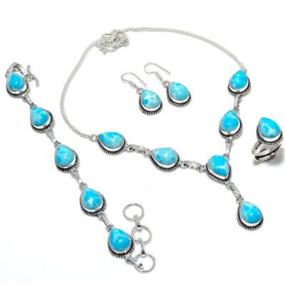 Ensemble Bijoux Argent 925 Pierre Larimar - Fait Main En Inde - Neuf Sans Emballage