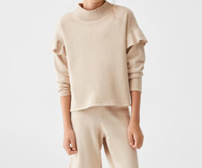 Mango Kids Girls Mock Neck Ruffled Detail Sand Sweater Size 6 Years
