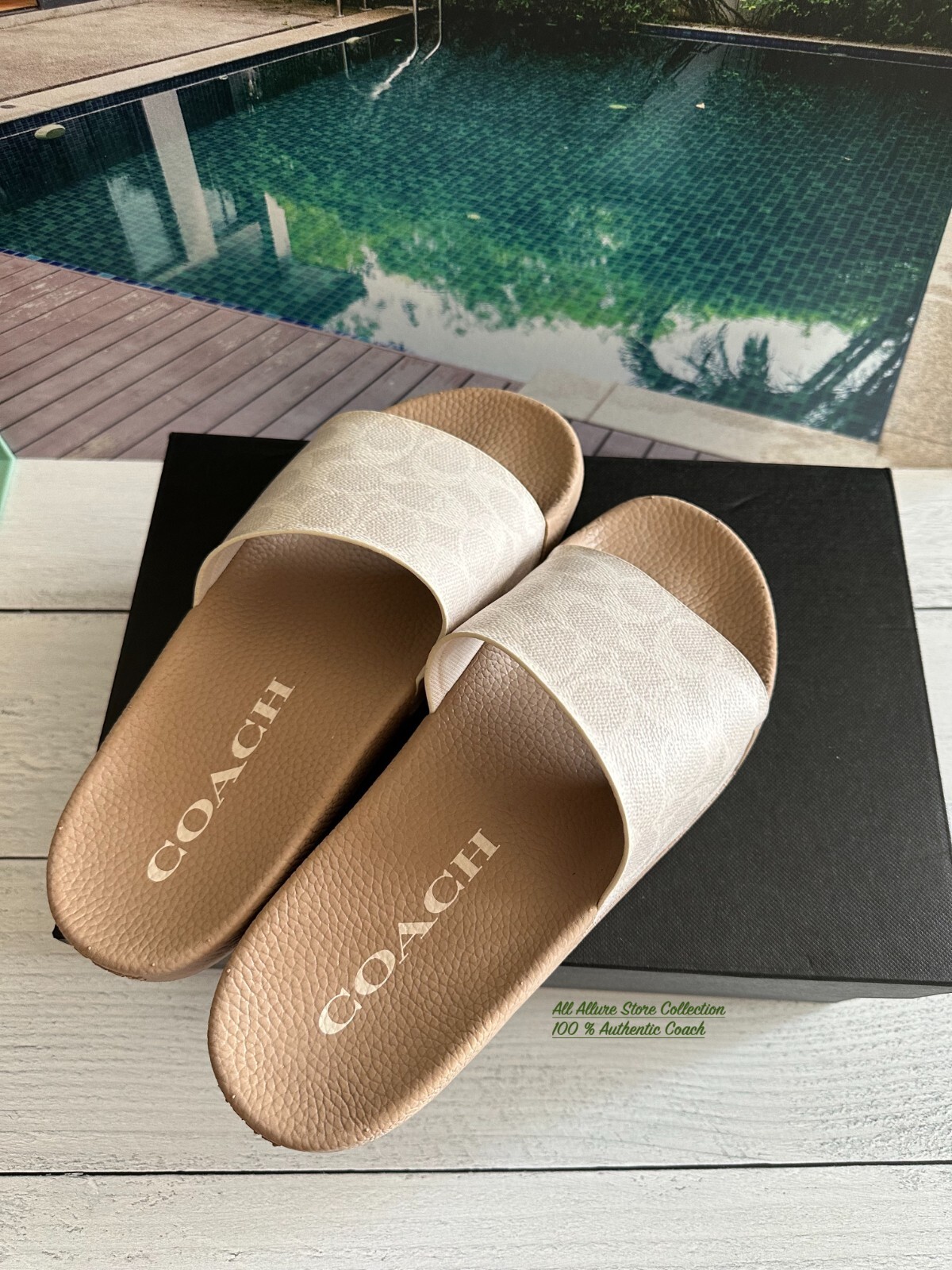 COACH Women's Udele Sport Pool Slides CHALK/TAUPE SIGNATURE Pick size
