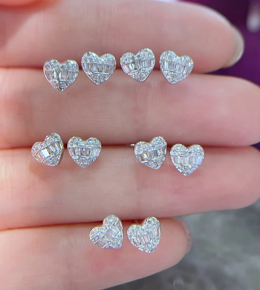 18K Solid Gold Dainty Diamond Cluster Heart Piercing earrings Studs for Women - Image 2 of 4