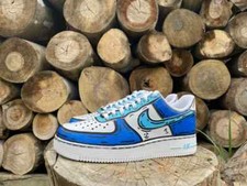 Nike Air Force 1 Custom White Shoes Teal Blue Cartoon Outline Retro Mens Womens 