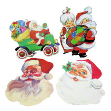 Vtg 4 Christmas Santa Claus Mrs Claus Cardboard Die Cut Wall Window D cor