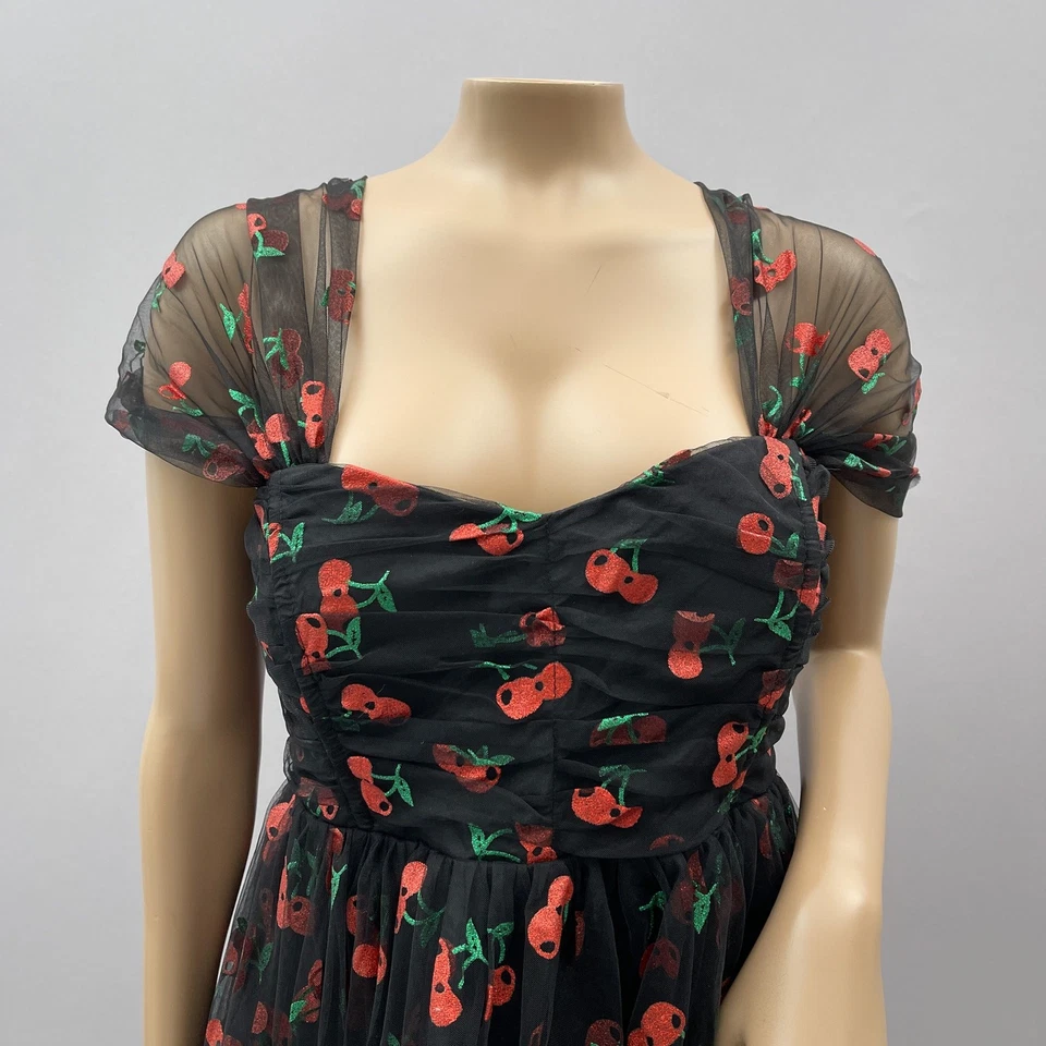 Unique Vintage Dress Women XL/14 Glitter Cherry Print Tulle Babydoll Mini Pin Up - Image 2 of 4