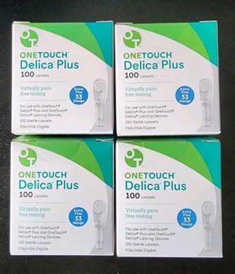 (4) One Touch Delica Plus 33G 100 Lancets Extra Fine EXP 2030