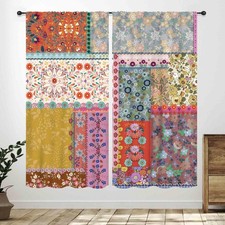 Boho Floral Curtains,Vintage Patchwork Flower Country Spring Colorful Wildflo...