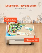 Train Table, 100 Multicolor Pieces Wooden Kids Activity Table with Rolling Stora