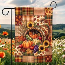Autumn Cornucopia Garden Flag, Plaid Pumpkin Porch Banner, Thanksgiving Yard Dec