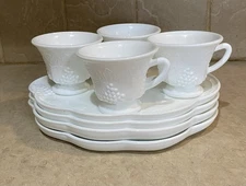 8 Pieces Colony Harvest Milk Glass Snack Set Cups and Plates Grape Pattern