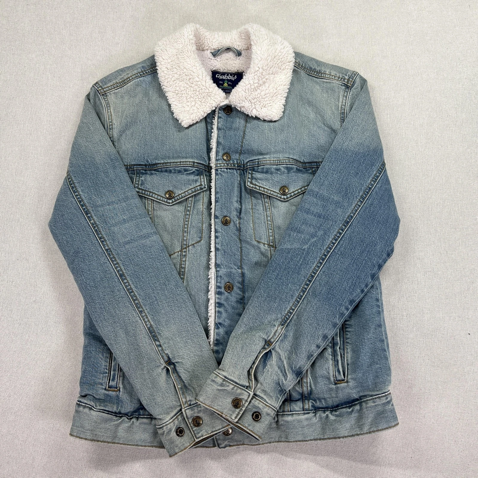 Chubbies Denim Jacket Mens Medium Blue Sherpa Lined Trucker Button Up Warm