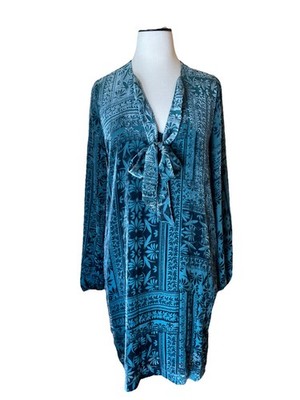 Johnny Was Jade Mizar Sheer Velvet Floral  Turquoise Tie Neck Shift Dress S RARE