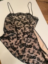 VTG 50s VANITY FAIR Tricot Nylon BLACK LACE  NUDE SLIP BABYDOLL dress 30 XXS