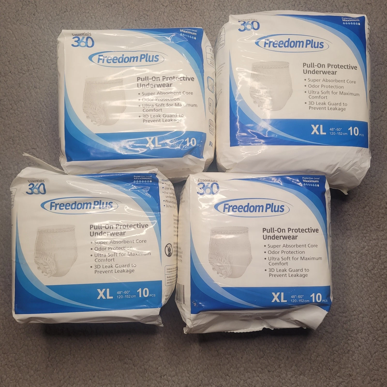 4 Pks Essentials 360 Freedom Plus Pull-On Protective Underwear 10ct XL Absorbent