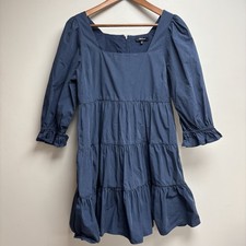 Madewell Lizzie Babydoll Dress Size 4 Blue Cotton Poplin Tiered Puff Sleeve