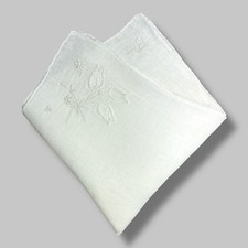 Vintage White Linen Handkerchief Embroidered Tulips Wedding Hanky