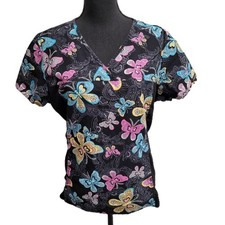 Cherokee Scrub Top M Black Butterflies V-Neck Short-Sleeve Polyester-Blend