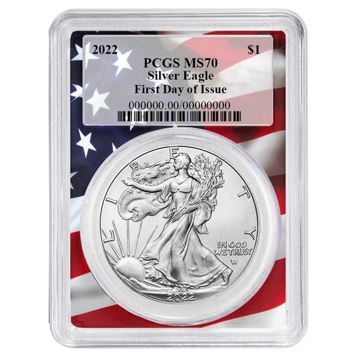 2022 $1 1-oz American Silver Eagle PCGS MS70 FDOI Flag Frame