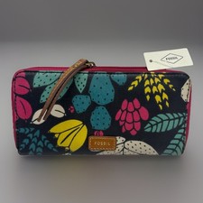 Fossil Eliza Clutch Zip Around Wallet Multicolor Floral Print Leather Logo READ: