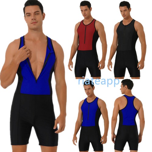 Mens Athletic Bodysuit One Piece Jumpsuits Zip Up Swimsuit Wetsuit