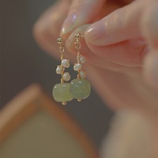 Gorgeous Square Natural Green Jade Pearls Gemstone Gold Stud Earrings Jewelry