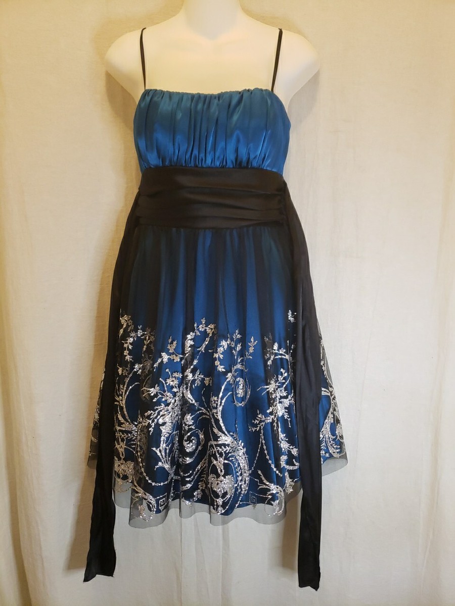 Blondie Nites Formal Blue Green Silver Glitter on Black Mesh Knee Length |  eBay
