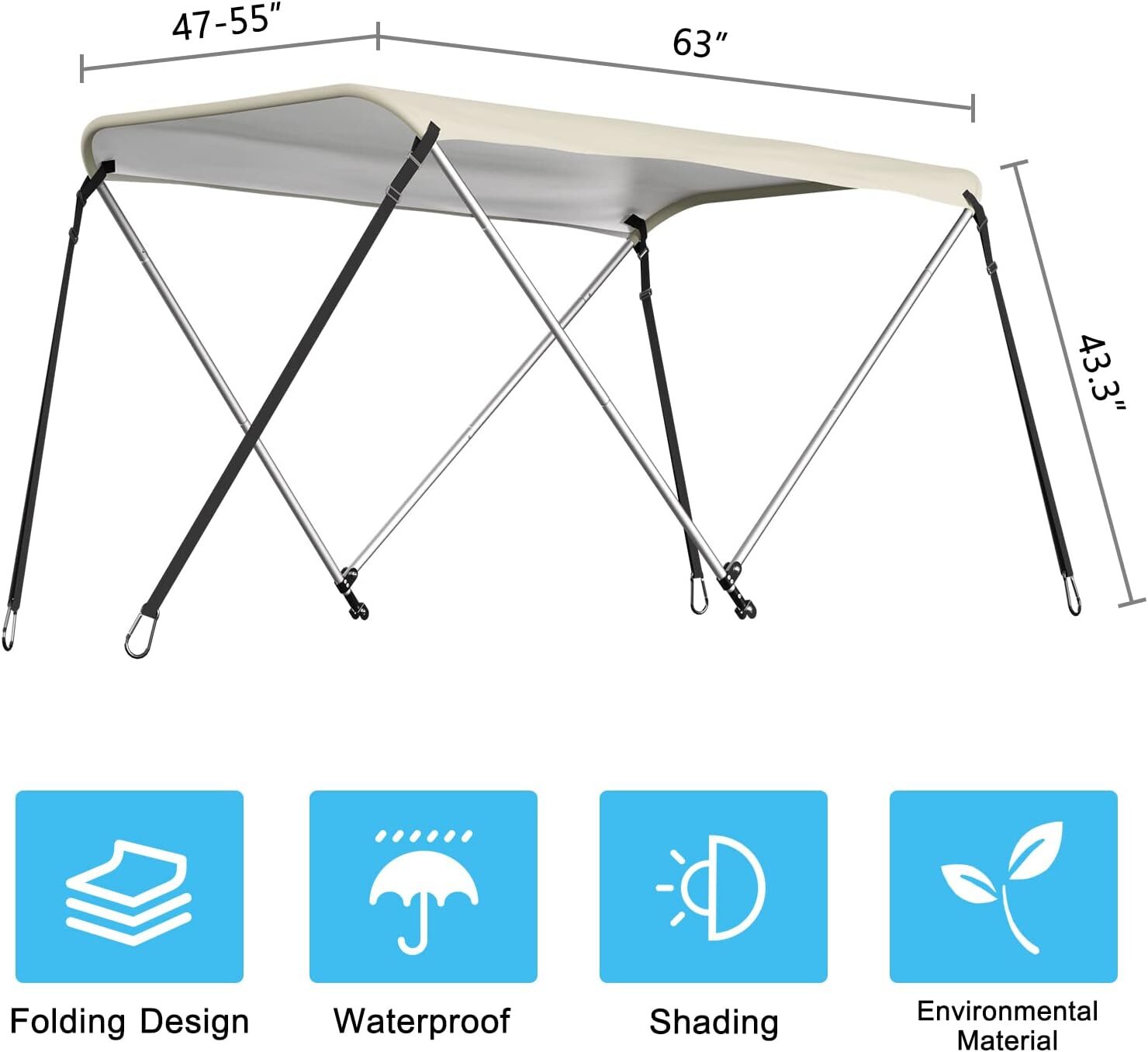 DoCred Adjustable Bimini Top Boat Cover Boat Canopy Poles 2 Bow Bimini