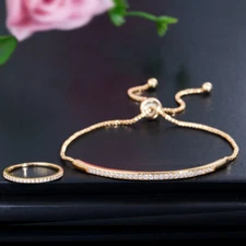 Adjustable Yellow Gold Plated Cubic Zirconia Ring Bracelet Luxury Jewelry Set