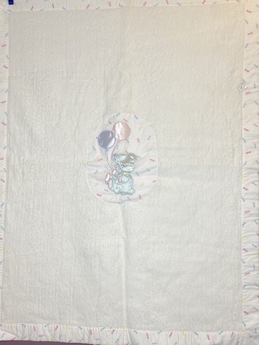 Quiltex Vintage White Acrylic Baby Blanket Teddy Bear Satin Trim 36 x 43” ILGWU