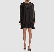 $195 Michael Kors Women's Black Self-Tie Split Neck Dewdrop Shift Dress Size M